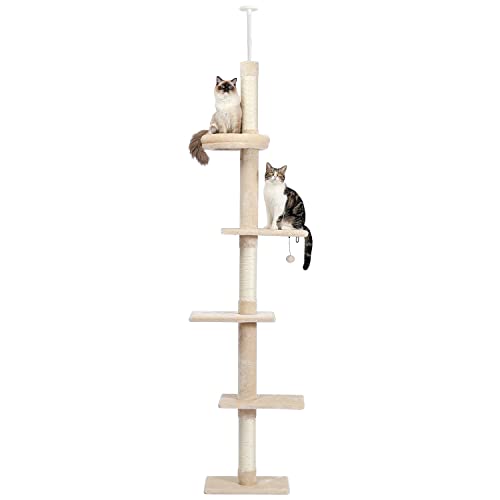 PAWZ, Albero per gatti a 5 livelli dal pavimento al soffitto, altezza regolabile, per arrampicata, con tiragraffi, letto accogliente, palla penzolante per gattini, da interno