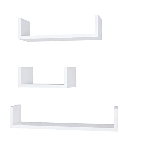 Kelzia - Scaffale da parete a forma di U, set di 3 scaffali sospesi per libri e oggetti di decorazione, 3 mensole ausiliari (bianco)