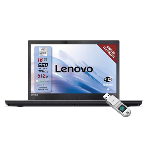 Lenovo, Thinkpad Pc portatile Intel Core i5-6Th, Ram 16 Gb, SSD 512 Gb, Pronto all'uso con Pacchetto Libre, Display HD da 14', W10 e Chiavetta USB Fingerprint (Ricondizionato)
