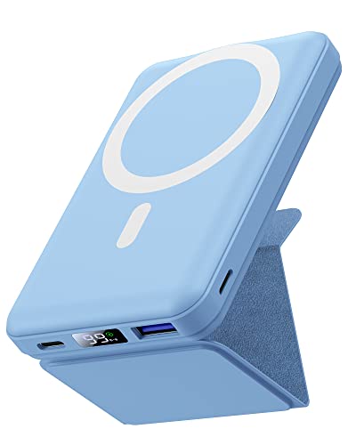 Yiisonger Magnetico Power Bank 10000mAh, Portatile Wireless Magnete Batteria con Bracket, Compatibile con Mag-Safe, Ricarica Rapida PD 22.5W Risplay LED per iPhone 15/14/13/12/Mini/Pro/Pro Max(Blue)