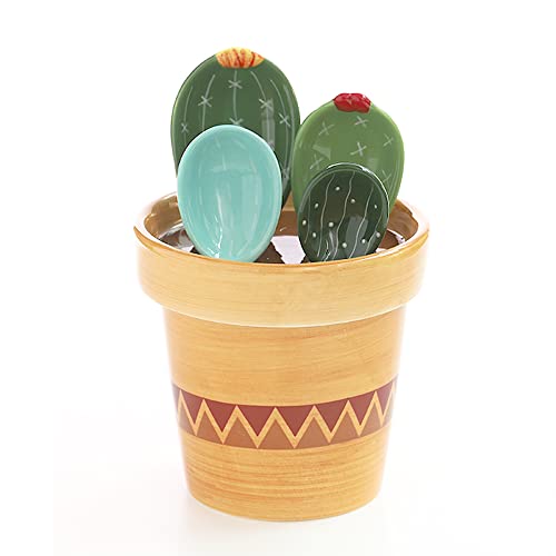 Set di 5 cucchiai dosatori in ceramica per cactus, set di 5 bicchieri e cucchiai, per cucina a secco e umido, misura liquido, sale e zucchero, cucchiaio kawaii con tazza di base