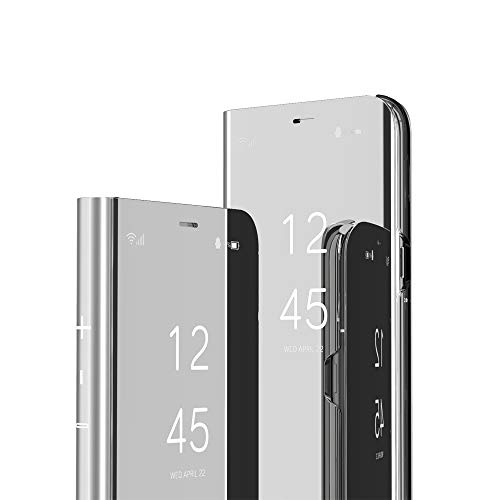 COTDINFOR Galaxy A7 2018 Custodia Placcatura Specchio Clear View Standing Cover Slim Mirror Flip Portafoglio Antiurto Case con Funzione Stand per Samsung Galaxy A7 2018 / A750 Mirror PU Silver MX.