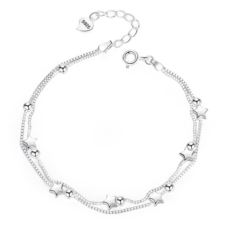 Ozmw Bracciale in argento 925 con stelle e perline, Gioielli argento, Regalo di San Valentino per ragazze adolescenti, Lunghezza regolabile