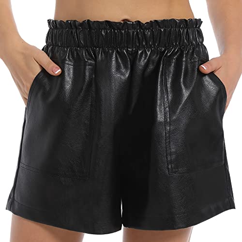 Everbellus Vita Alta Pantaloncini Pelle Shorts con Tasca per Donna Nero X-Large