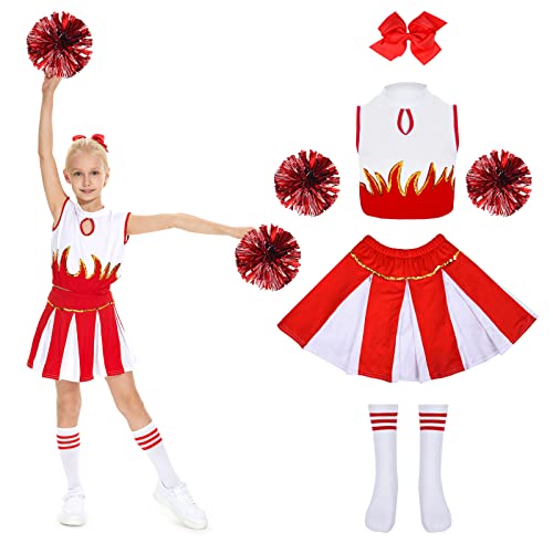 WELLCHY Costume da Cheerleader per Ragazze, Vestito Cheerleader Bambina, Cheerleader Costume Bambina con Pompon, Calzini e Accessori per Capelli per Bambini 8-14 Anni per Scuola e Feste Halloween
