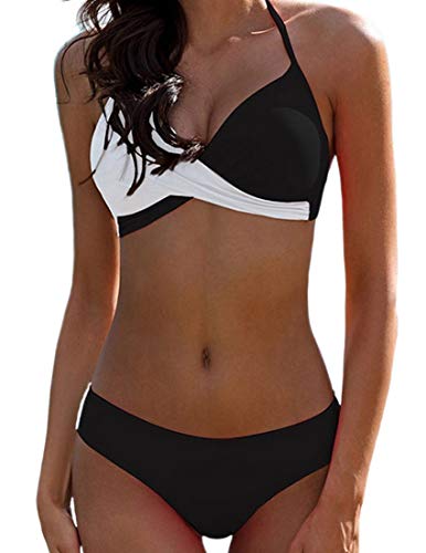 JFAN Donna Costume da Bagno Push Up Imbottito Reggiseno Bikini Donna Due Pezzi Swimwear Abiti da Spiaggia (Nero,L)