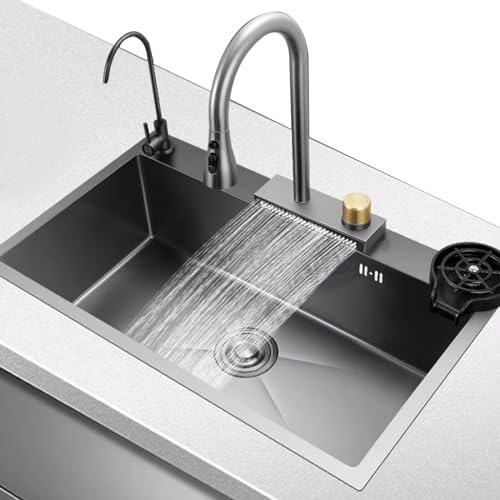 Lavello da cucina in acciaio inossidabile grigio, grande lavello a vasca singola da incasso con rondella a tazza rubinetto a cascata accessori completi (85 x 50 x 22 cm)