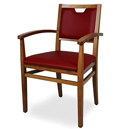 ArredaSì - Sedia con braccioli per anziani ideale per cucina e sala da pranzo, robusta struttura in legno colore noce, sedile e schienale imbottiti e rivestiti in similpelle rosso scuro
