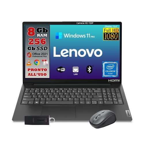 Lenovo Notebook Monitor 15.6' Full HD Intel Core N4500 fino a 2,8ghz Ram 8GB SSD 256GB Pacchetto Office Pro 2021 Windows 11 pro PRONTO ALL'USO - MOUSE WIRELESS e CHIAVETTA USB 32gb…
