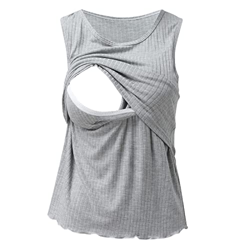 Zshosam Maglietta da allattamento da donna, in cotone, senza maniche, con stampa a coste, per allattamento al seno, per gravidanza, grigio., XL