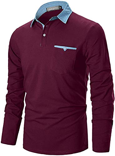 GNRSPTY Polo Manica Lunga Uomo Maglietta Denim Collare Maglia Elegante Cotone T-Shirt Golf Tennis Lavoro Camicia,Vino Rosso,L