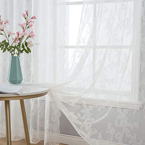 MIULEE Tende in pizzo trasparente ricamate floreali con bordi smerlati, tende in voile bianco con motivi floreali, tende filtranti per camera da letto, soggiorno, 2 x 150 x 245 cm