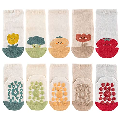 FedMois 5 paia calzini antiscivolo in cotone bimbi bambini, piante, 1-3 anni