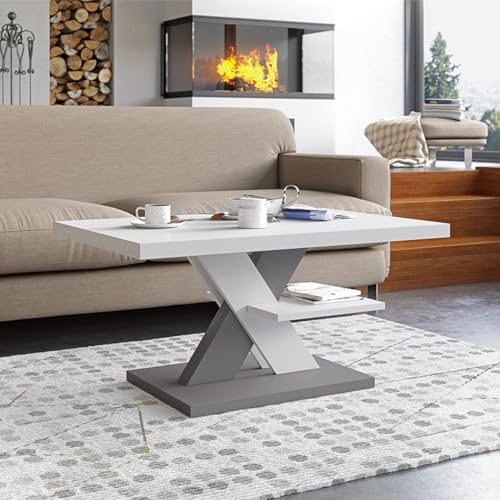 Viosimc Tavolino da Salotto Bianco e Grigio, Moderni Con un Ripiano, Elegante, complemento di qualsiasi soggiorno 90x60x45cm