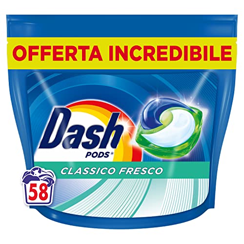 Dash Pods Detersivo Lavatrice In Capsule, 58 Lavaggi, Classico Fresco, Rimuove Le Macchie, Efficace A Freddo Anche E In Cicli Brevi