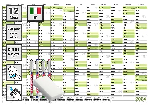 Kalenderoutlet  Din B1 1 Calendario da parete lavabile 2024 planner verde 100,0 x 70,0 cm con 1x4 pennarello ARROTOLATO agenda da parete, calendario annuale, calendario italiano